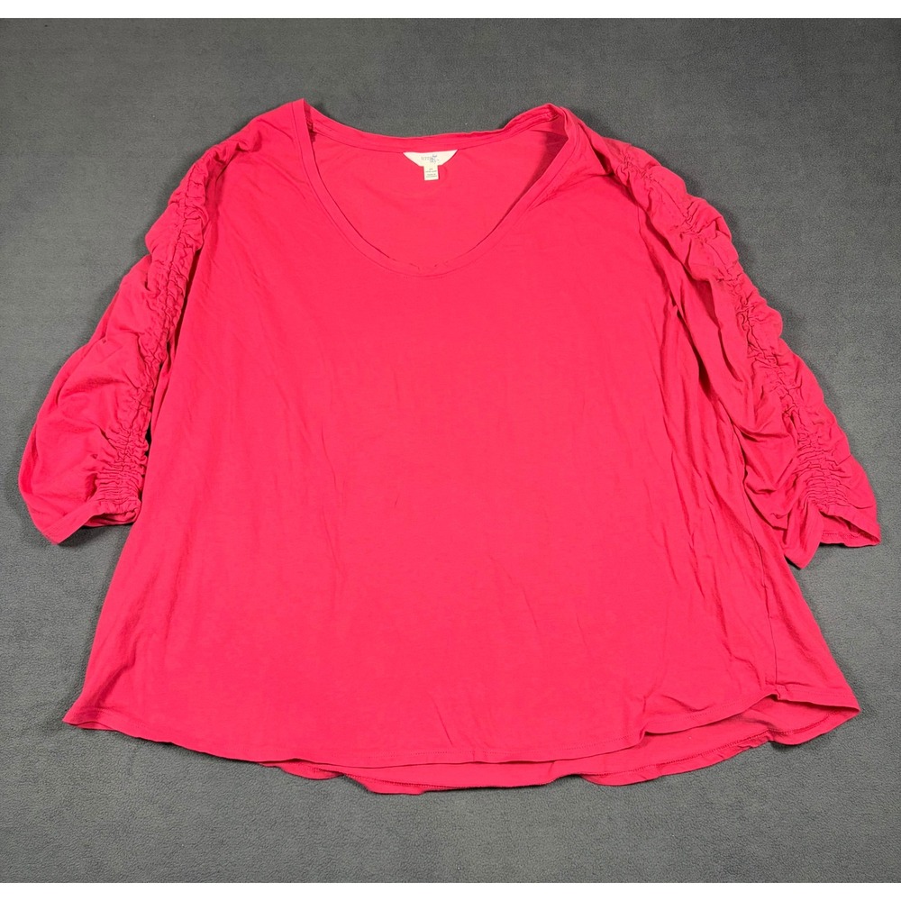 Terra & Sky Top Womens 2X Pink Ruched Sleeve V-Neck Cotton Tee